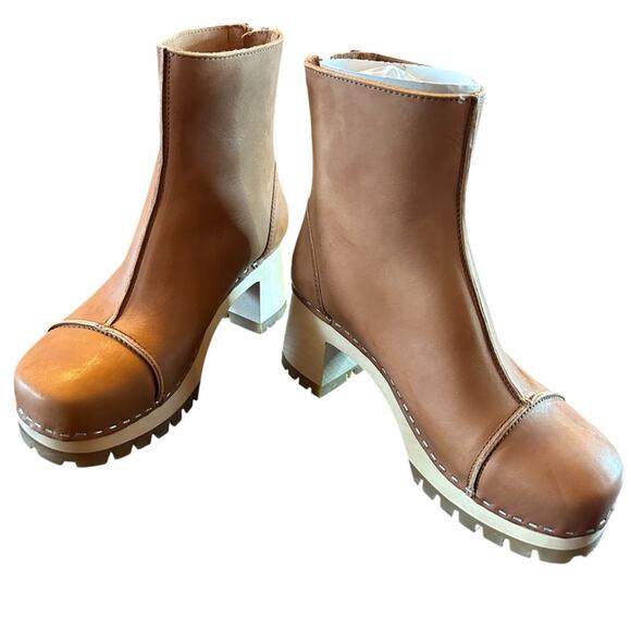 Swedish Hasbeens Stitchy Leather Ankle Boot Wood Clog Midsole NEW EU 36 US 6 - Picture 5 of 10